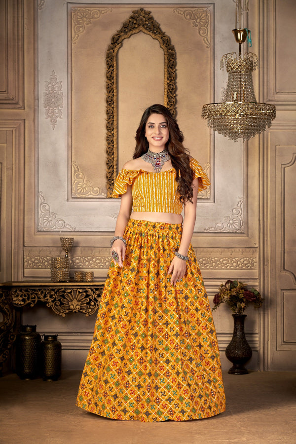 Women's Yellow Moscow Printed Ready-Made Choli Skirt - Dwija Fashion