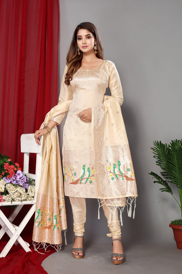 Women's White Paithani Dress Mateiral Collection - Dwija Fashion