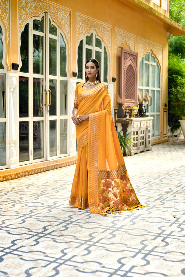 Women's Yellow Woven Cotton Silk Saree With Tassels - Vishnu Weaves