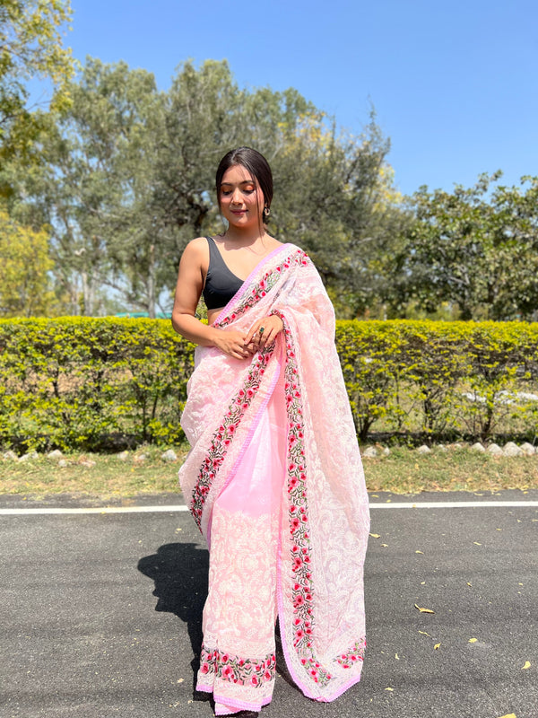 Women's Pink Organze Silk Saree - VAMSEE