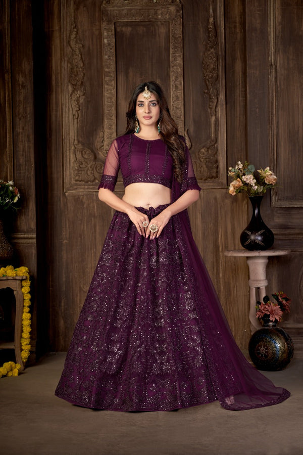 Women's Purple Net Embroidered Lehenga Choli Set - Dwija Fashion