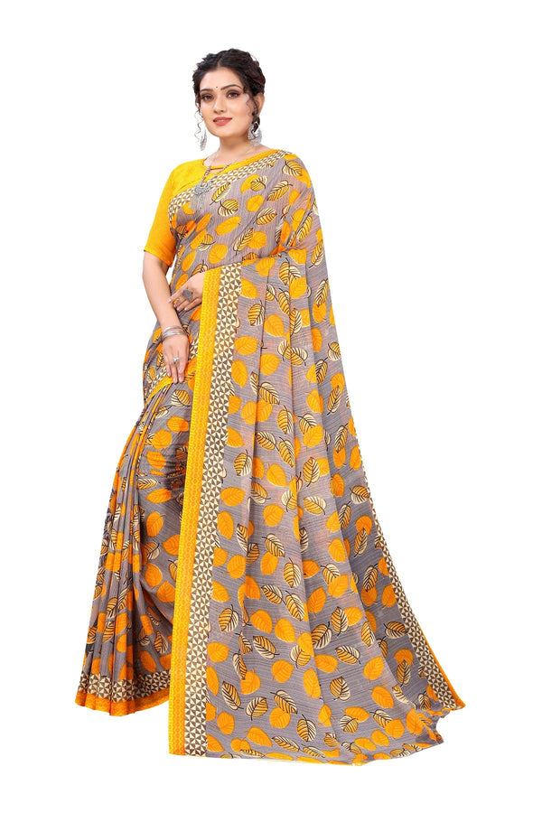 Women's Yellow Printed Georgette Saree - Vamika