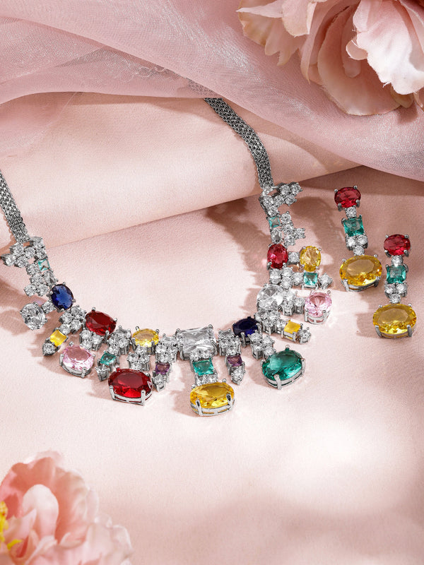 Rubans Rhodium Plated Multicolour Premium Zirconia Necklace Set