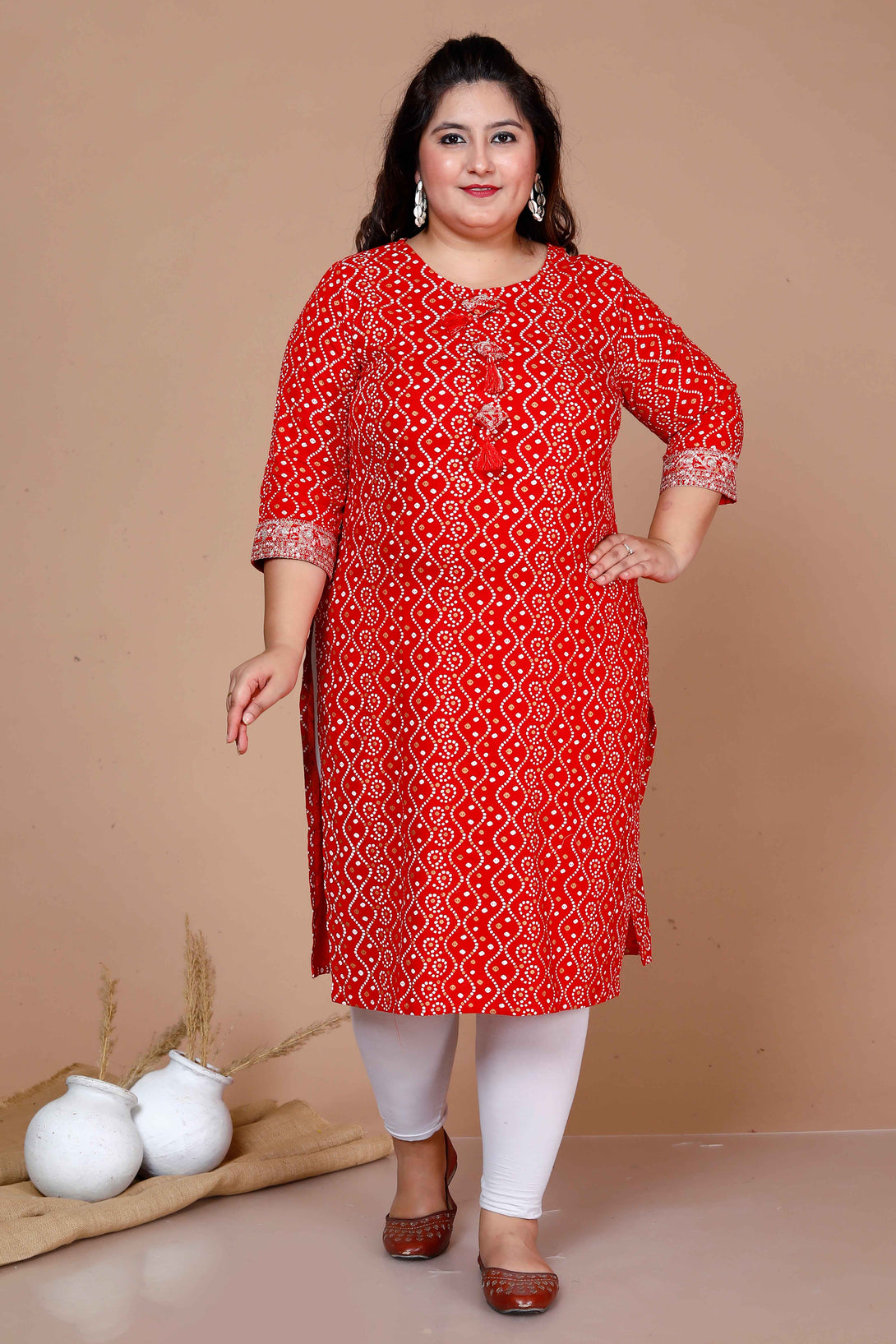 Women'S Festive Wear Red Bandhani Printed Straight Kurta - Miravan