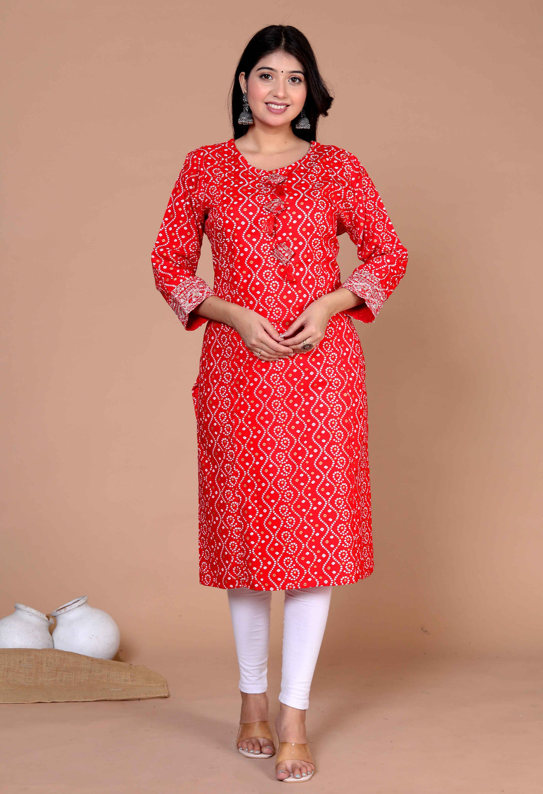 Women's Festive Wear Red Bandhani Printed Straight Kurti - Miravan