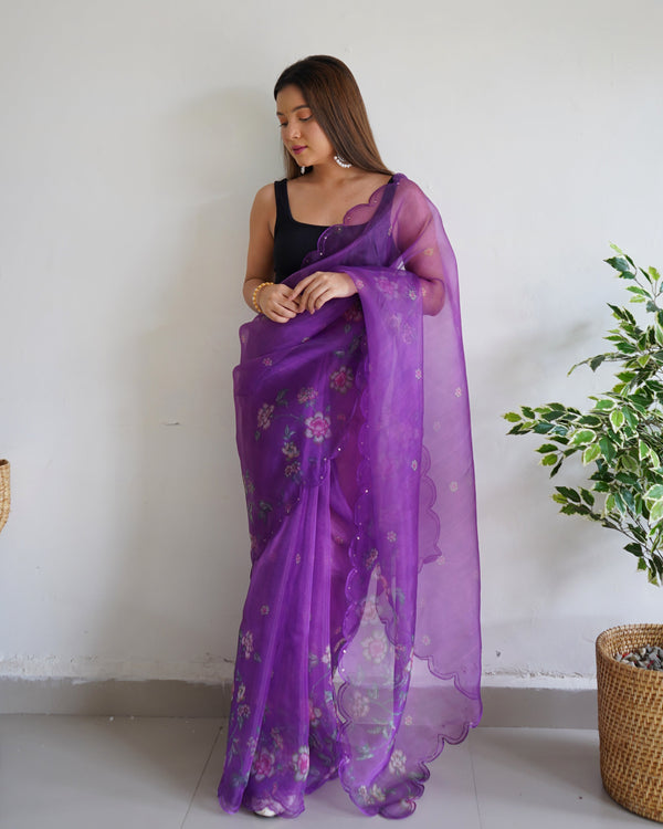 Women's Wine Sequence Aari Work Saree - VAMSEE