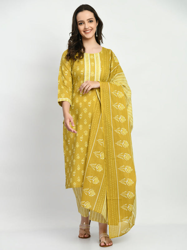 Women's Mustard Printed Kurta Pant With Dupatta Set - Noz2Toz