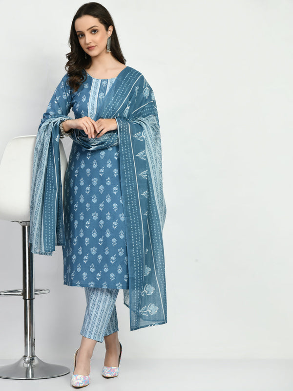 Women's Blue Printed Kurta Pant With Dupatta Set - Noz2Toz