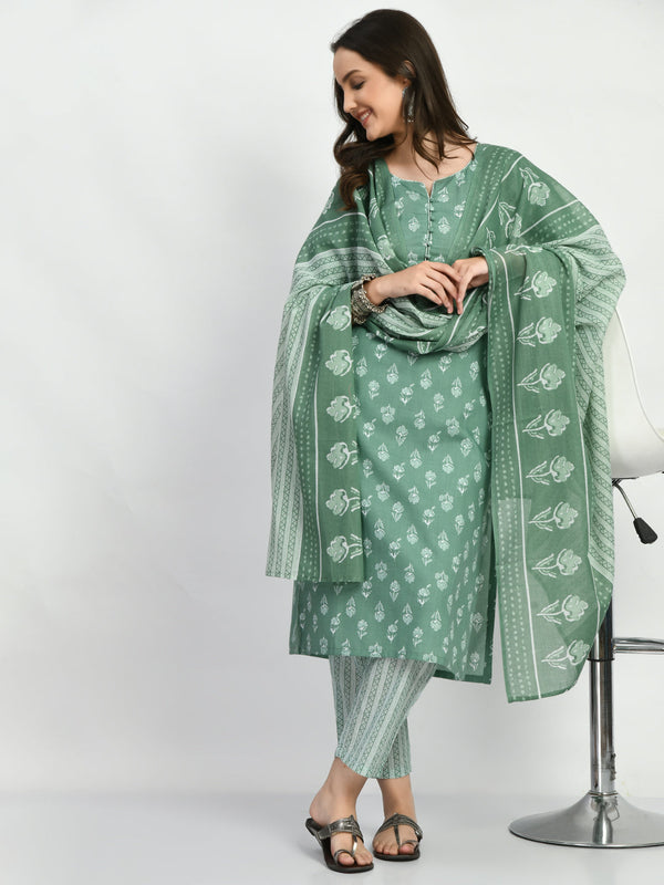 Women's Green Printed Kurta Pant With Dupatta Set - Noz2Toz