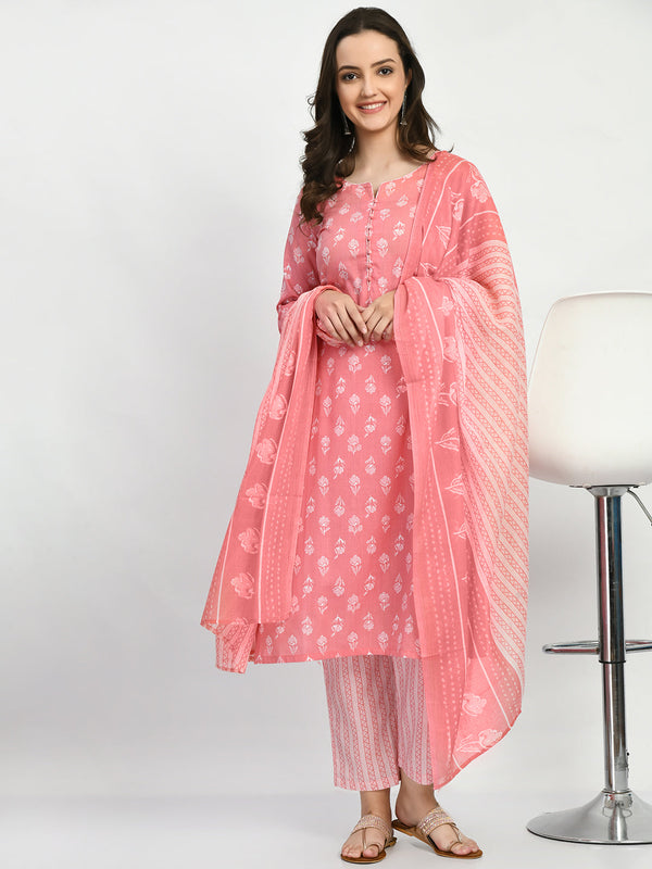 Women's Pink Printed Kurta Pant With Dupatta Set - Noz2Toz