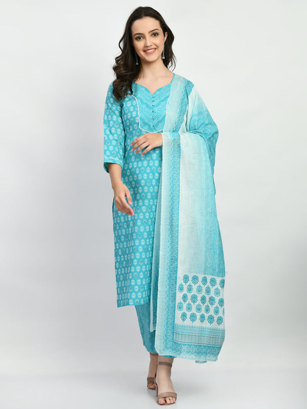 Women's Blue Printed Kurta Pant With Dupatta Set - Noz2Toz