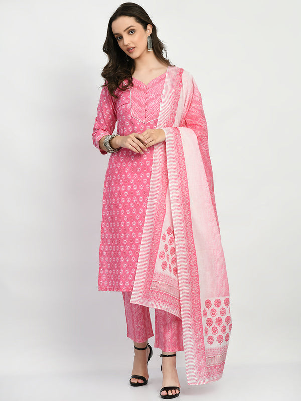 Women's Pink Printed Kurta Pant With Dupatta Set - Noz2Toz