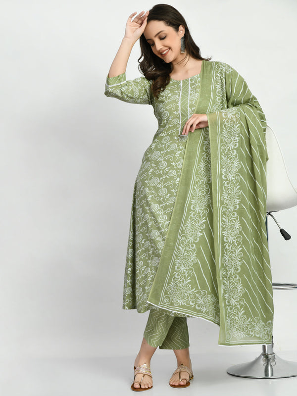 Women's Green Printed A Line Kurta Pant With Dupatta Set - Noz2Toz