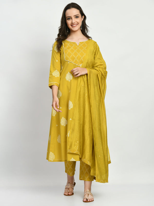 Women's Mustard Printed A Line Kurta Pant With Dupatta Set - Noz2Toz