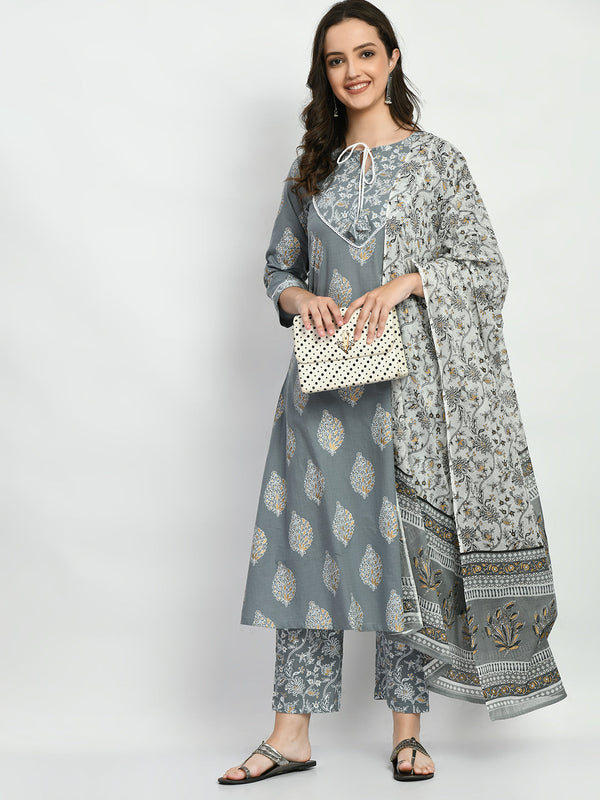 Women's Grey Printed A Line Kurta Pant With Dupatta Set - Noz2Toz