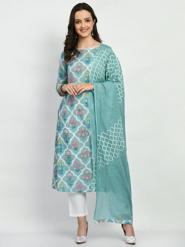 Women's Skyblue Printed A Line Kurta Pant With Dupatta Set - Noz2Toz