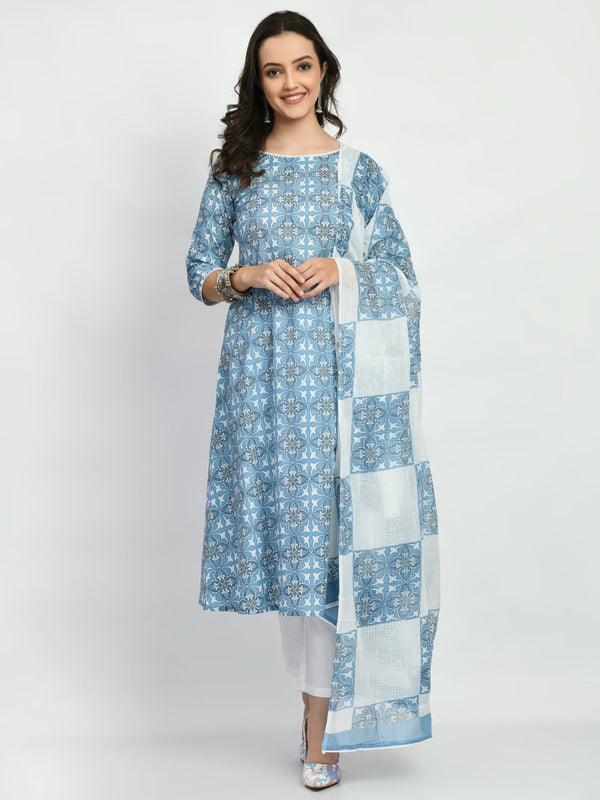 Women's Blue Printed A Line Kurta Pant With Dupatta Set - Noz2Toz