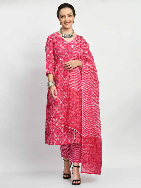 Women's Magenta Printed A Line Kurta Pant With Dupatta Set - Noz2Toz