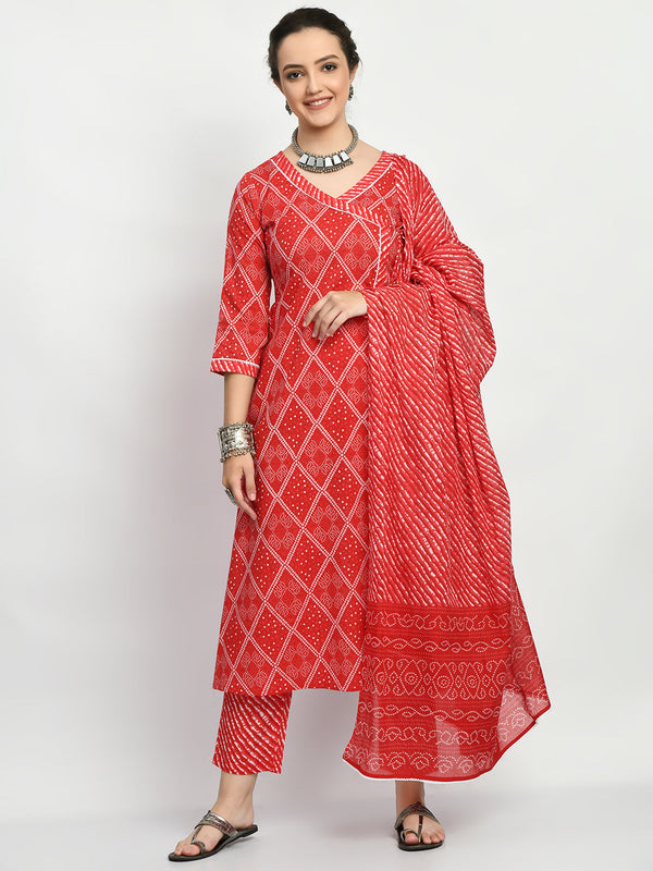 Women's Red Printed A Line Kurta Pant With Dupatta Set - Noz2Toz