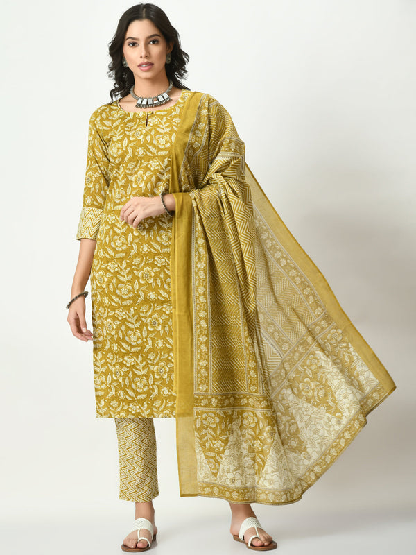 Women's Mustard Printed Pure Cotton Kurta With Trousers & Dupatta - Noz2Toz