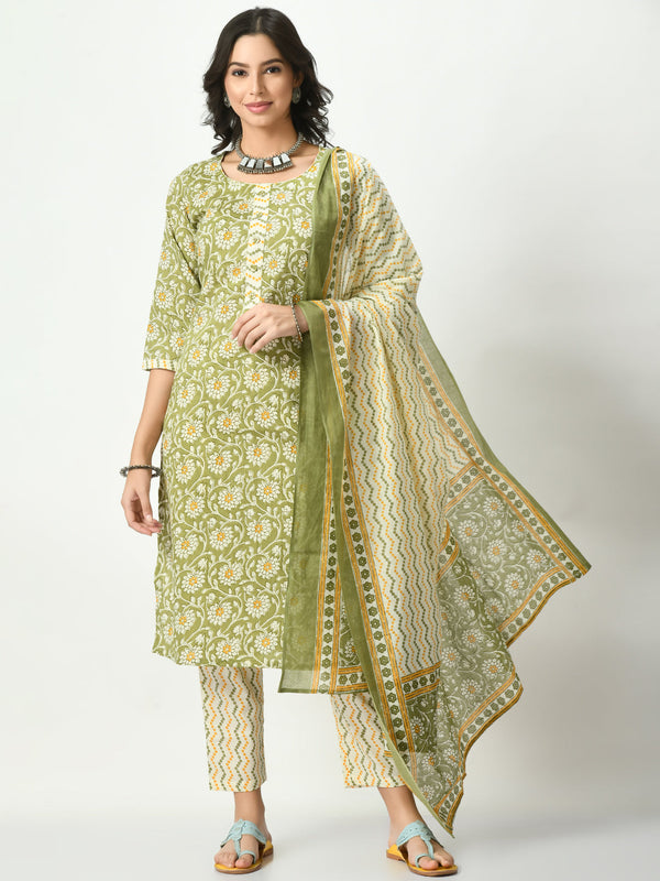 Women's Green Printed Pure Cotton Kurta With Trousers & Dupatta - Noz2Toz