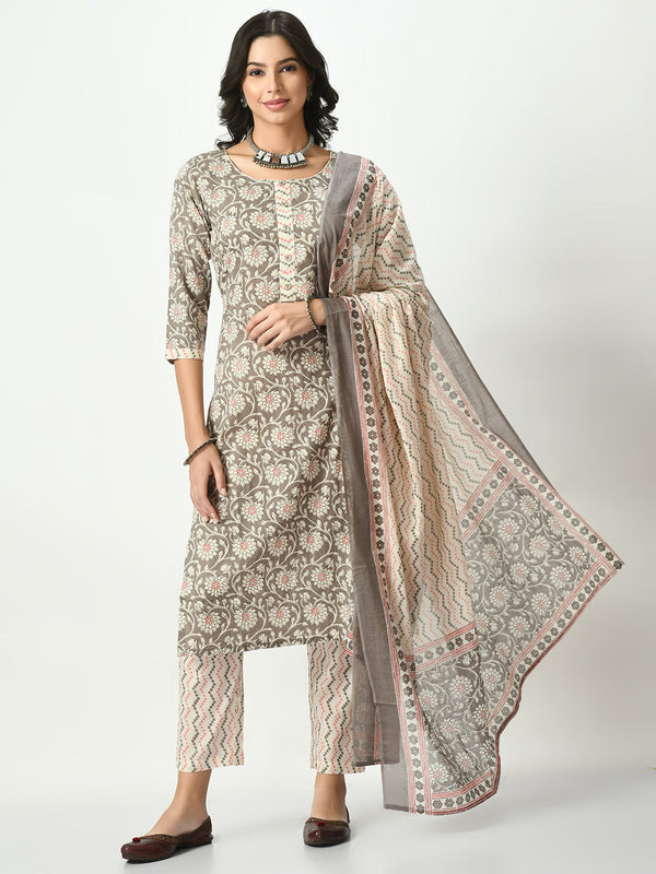 Women's Grey Printed Pure Cotton Kurta With Trousers & Dupatta - Noz2Toz