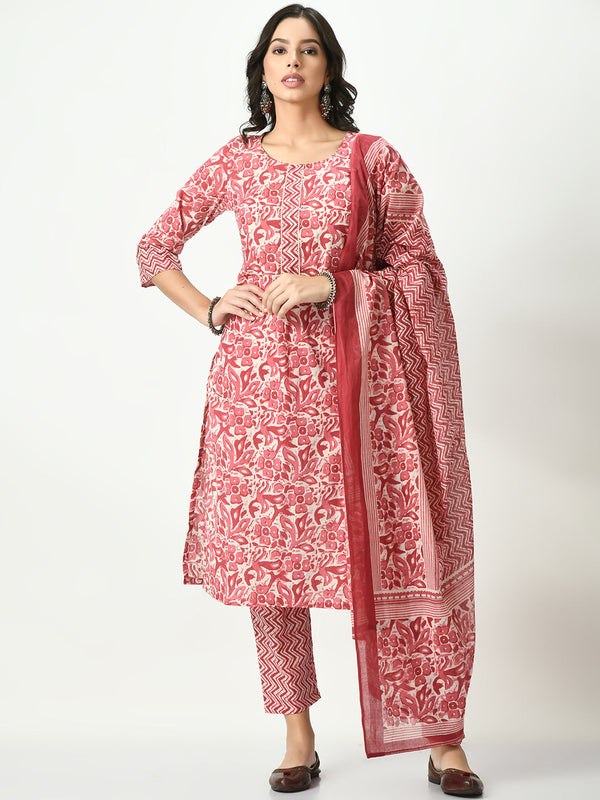 Women's Pink Printed Pure Cotton Kurta With Trousers & Dupatta - Noz2Toz