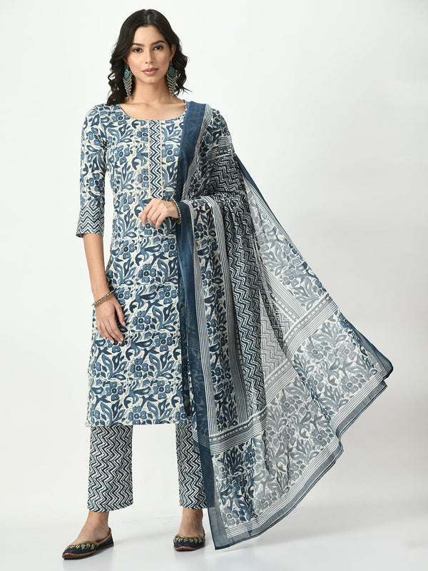 Women's Blue Printed Pure Cotton Kurta With Trousers & Dupatta - Noz2Toz