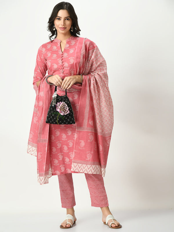 Women's Pink Printed Pure Cotton Kurta With Trousers & Dupatta - Noz2Toz