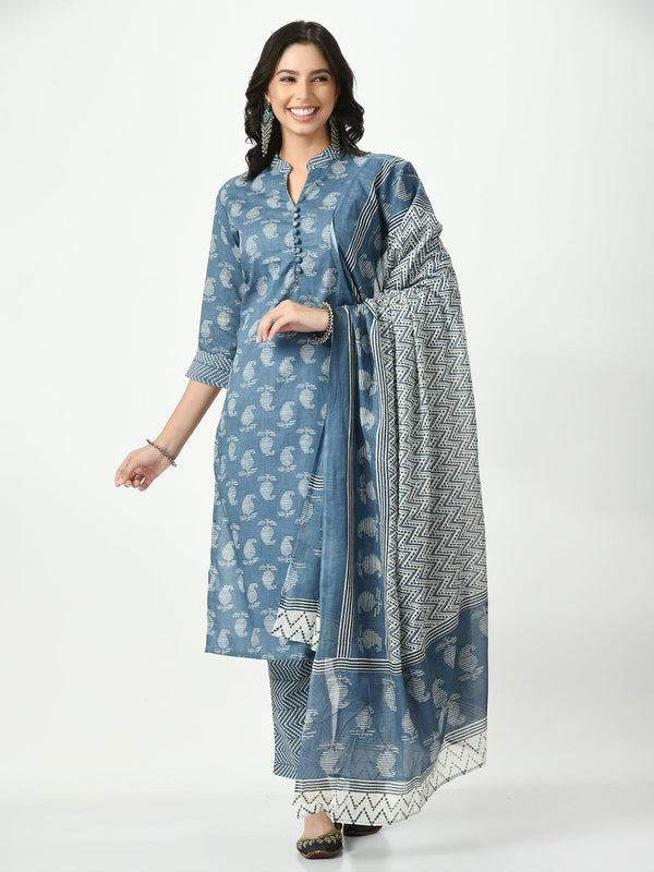 Women's Blue Printed Pure Cotton Kurta With Trousers & Dupatta - Noz2Toz