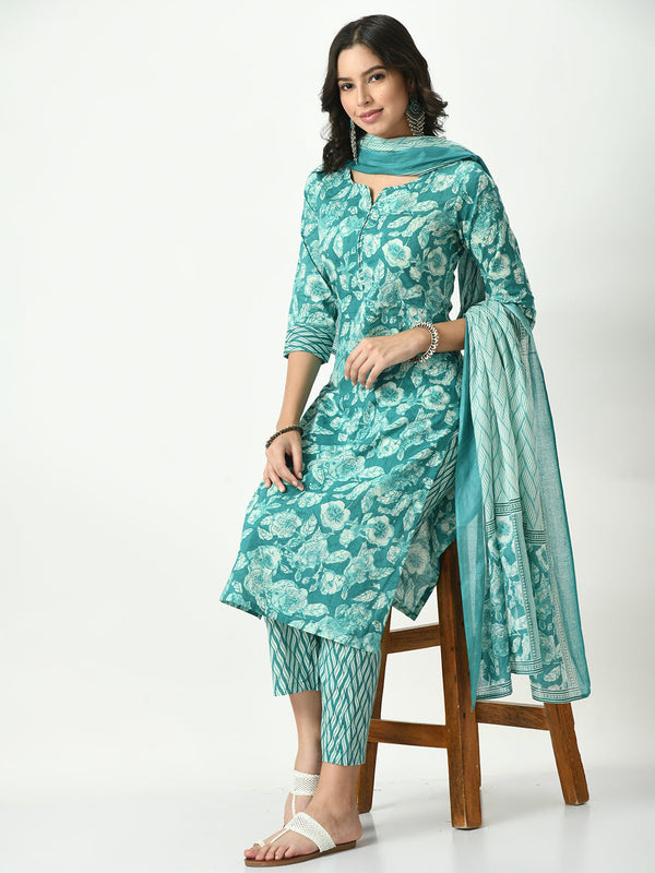 Women's Blue Printed Pure Cotton Kurta With Trousers & Dupatta - Noz2Toz