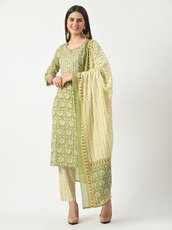 Women's Green Printed and Embroidered Kurta Pant With Dupatta Set - Taantav