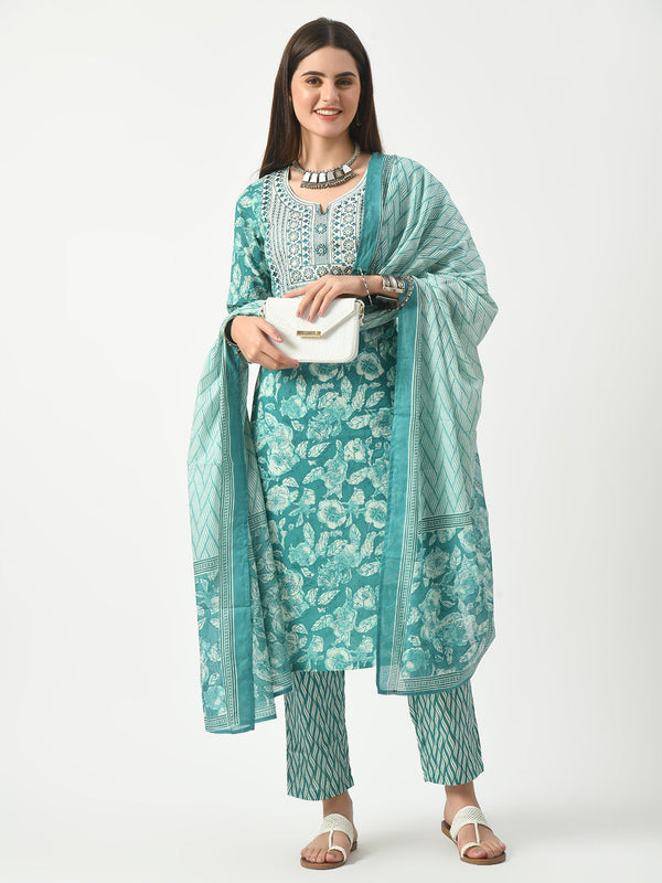 Women's Blue Printed and Embroidered Kurta Pant With Dupatta Set - Taantav