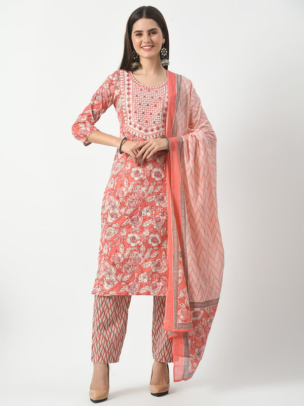 Women's Pink Printed and Embroidered Kurta Pant With Dupatta Set - Taantav