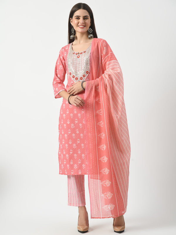 Women's Pink Printed and Embroidered Kurta Pant With Dupatta Set - Taantav