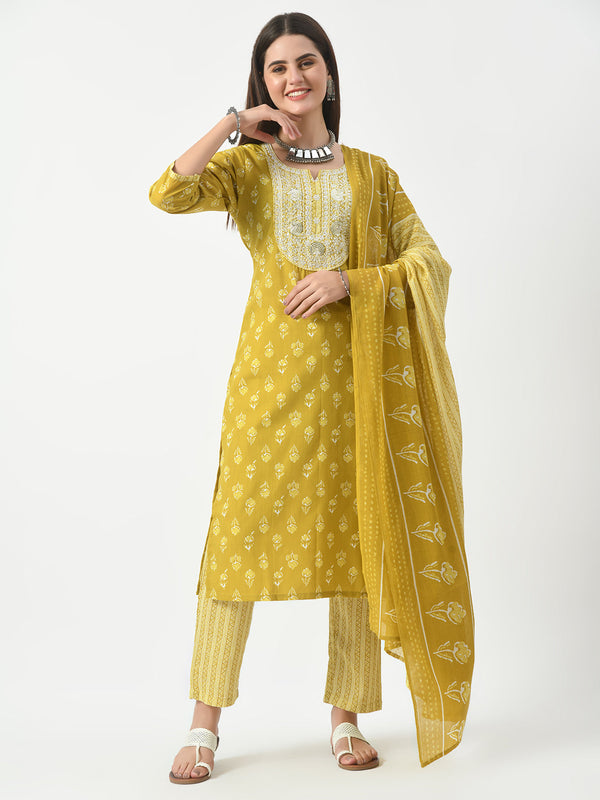 Women's Mustard Printed and Embroidered Kurta Pant With Dupatta Set - Taantav