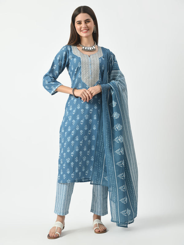 Women's Blue Printed and Embroidered Kurta Pant With Dupatta Set - Taantav