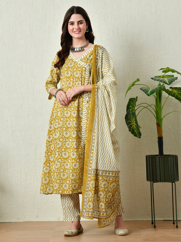 Women's Mustard Printed Angrakha A line Kurta Pant With Dupatta Set - Taantav