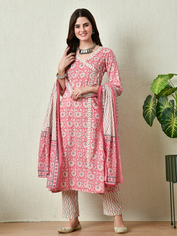 Women's Pink Printed Angrakha A line Kurta Pant With Dupatta Set - Taantav