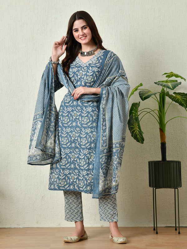 Women's Blue Printed Straight Kurta Pant With Dupatta Set - Taantav