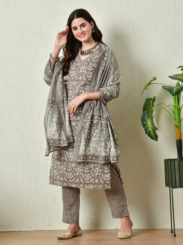 Women's Grey Printed Straight Kurta Pant With Dupatta Set - Taantav