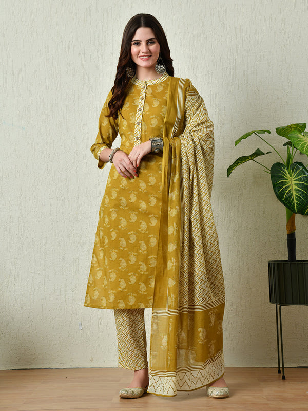 Women's Mustard Straight Kurta Pant With Dupatta Set - Taantav