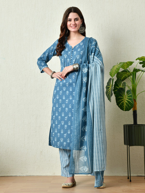 Women's Blue Printed Kurta Pant With Dupatta Set - Taantav