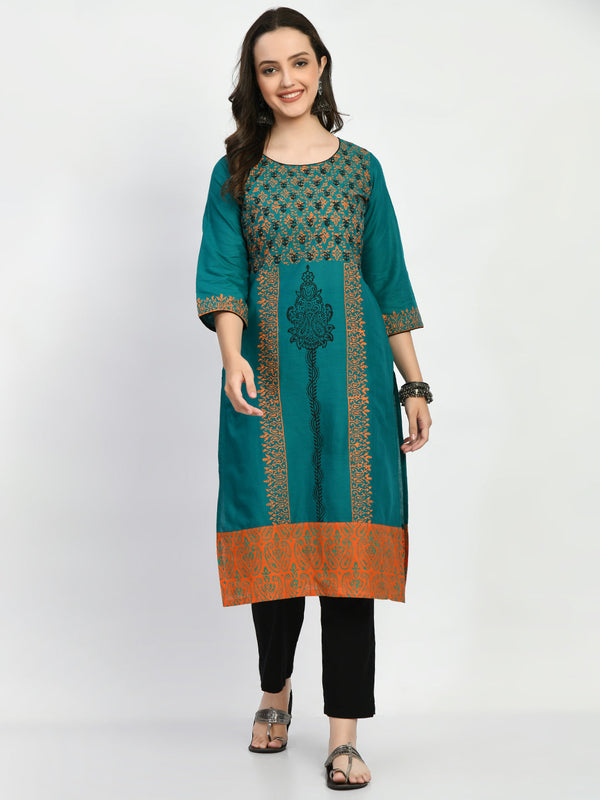 Women's Teal Handblock Printed Kurta - Noz2Toz