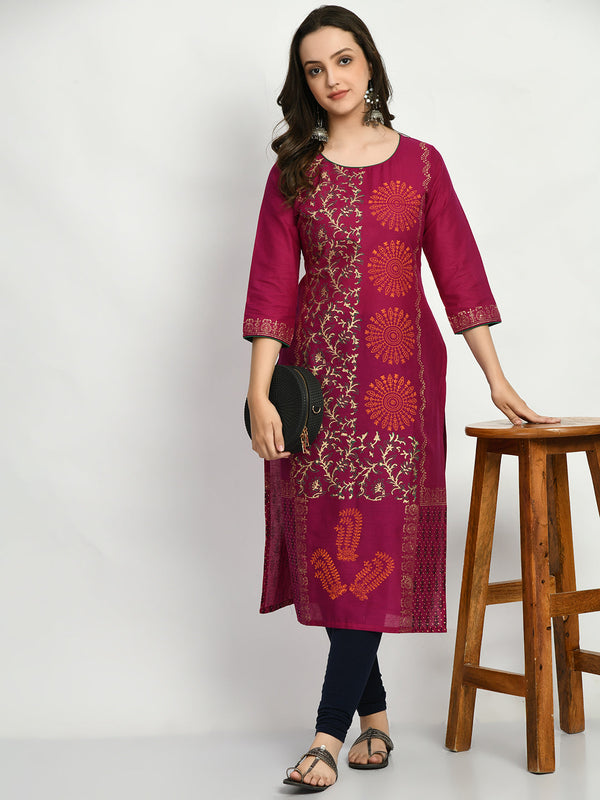 Women's Purple Handblock Printed Kurta - Noz2Toz