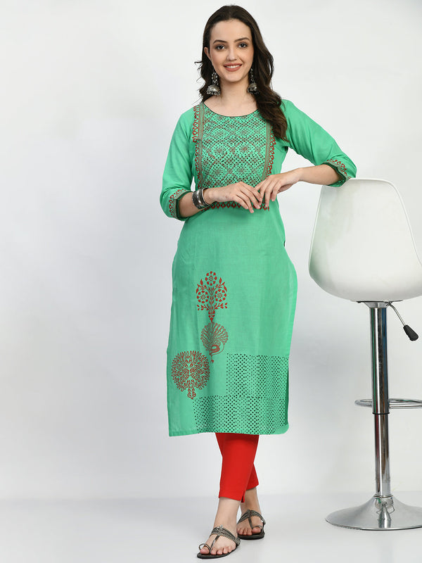 Women's Limegreen Handblock Printed Kurta - Noz2Toz