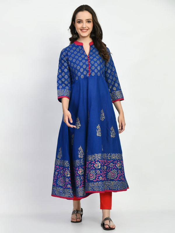 Women's Blue Handblock Printed Anarkali Kurta - Noz2Toz