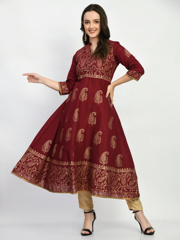 Women's Brown Handblock Printed Anarkali Kurta - Noz2Toz