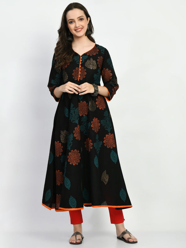 Women's Black Handblock Printed Anarkali Kurta - Noz2Toz