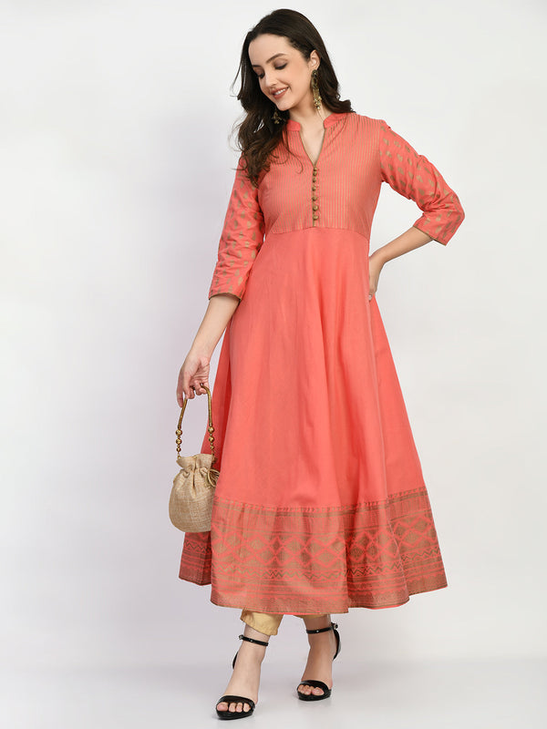 Women's Peach Handblock Printed Anarkali Kurta - Noz2Toz